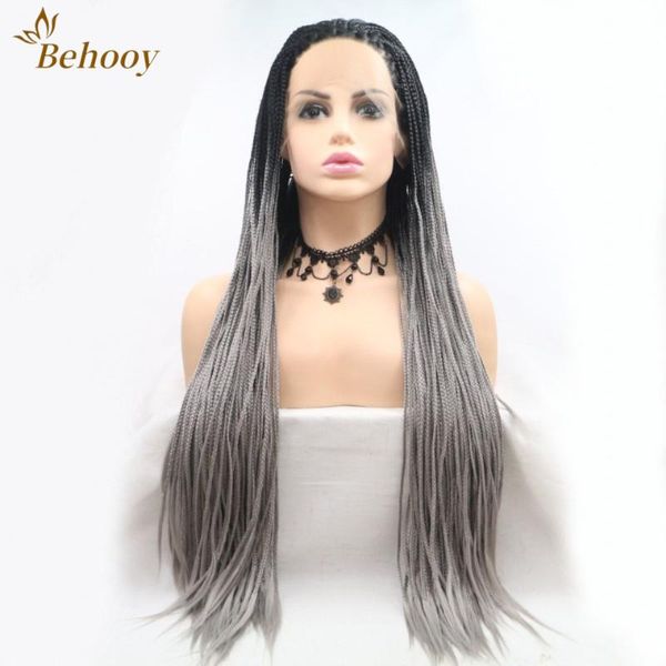 

synthetic wigs braided ombre grey/red/brown hair lace front with baby high temperature heat resistant fiber for women, Black