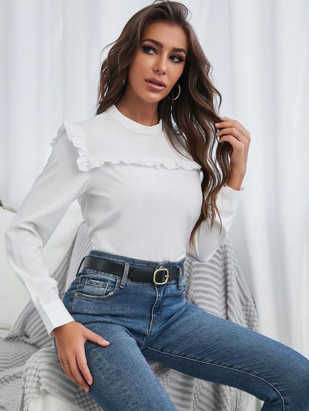 

mock neck ruffle trim blouse i83d#, White