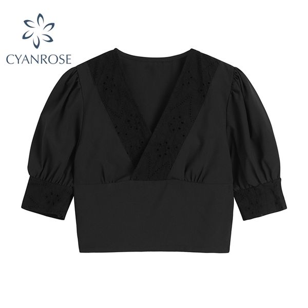 

summer crop black blouses short sleeve v neck slim pullover shirts female elegant korean trendy ulzzang ladies 210430, White