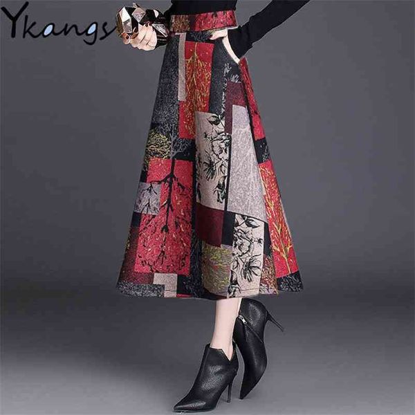 Plus Größe 4XL Gedruckt Blumen Rote Lange Röcke Mode Winter Frauen Casual Maxi Femme Elastische Hohe Taille Plaid Wolle 210421