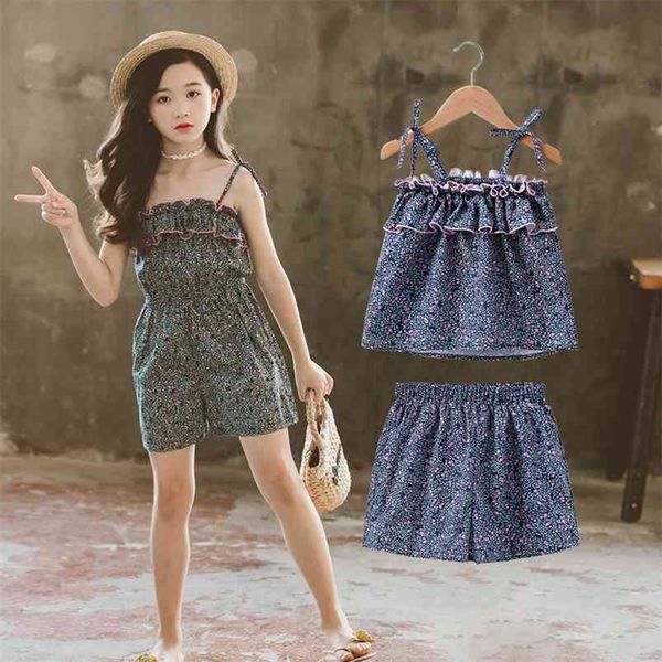 

summer children sets casual strap ruffles print floral shorts 2pcs girls clothes 3-12t 210629, White
