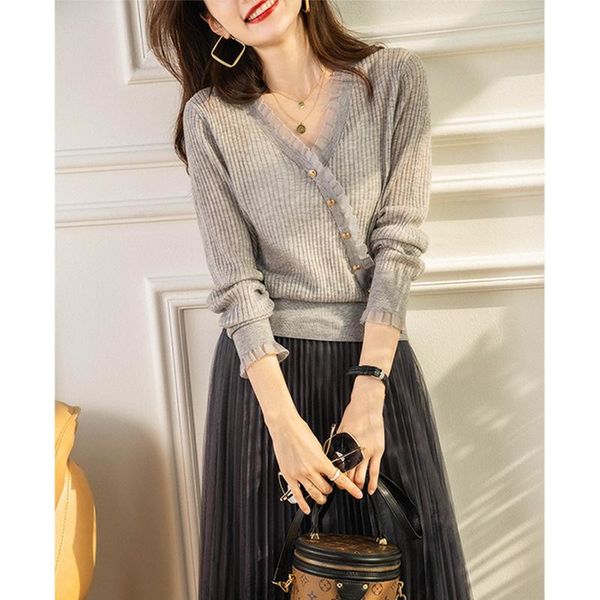 

women's sweaters french romantic eye - pleasing gentle wooden ear side v neck long sleeve knit sweater, White;black
