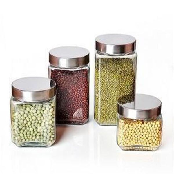 

storage bottles & jars kitchen cereals holder, glass square bottle, stainless steel lid home clear space saving decorative retro container