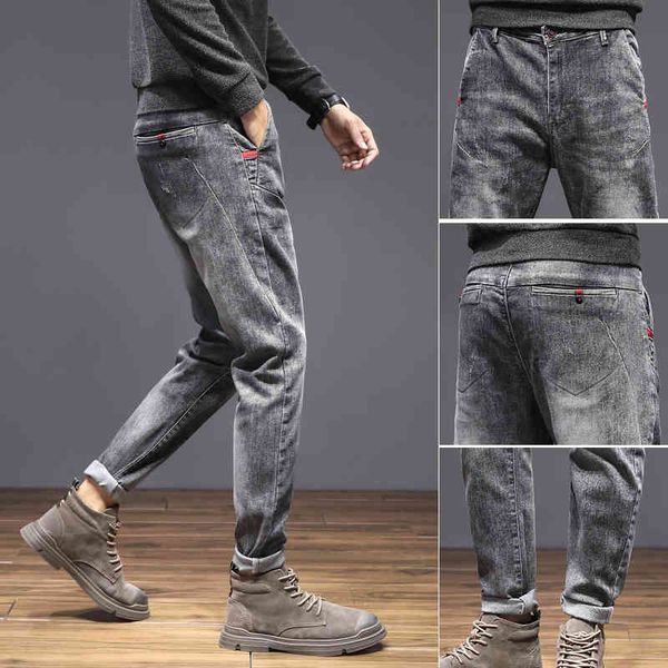 

breathable fashion pants warm men solid jeans straight print mid waist button men's trousers, Blue