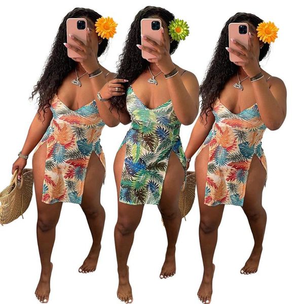

european and american women's fashion palm leaf sling split print high waist dress spot wholesale casual dresses, Black;gray