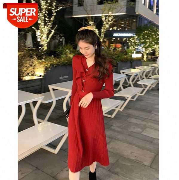 

[new year's dress] sweet ruffled waist knit dress women's mid-length skirt #es3x, White;black