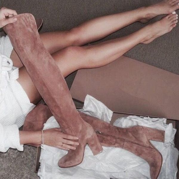 

boots fashion burgundy women flock material over the knee chunky heels round toe long boot winter warm ladies solid shoes, Black