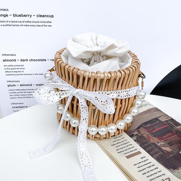 

niche design summer straw woven bag female 2021 fashion chain handbag bucket shoulder beach style width: 16.5cm bags