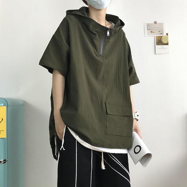 

t shirt summer short sleeve men's trend loose half hooded student high collar, White;black