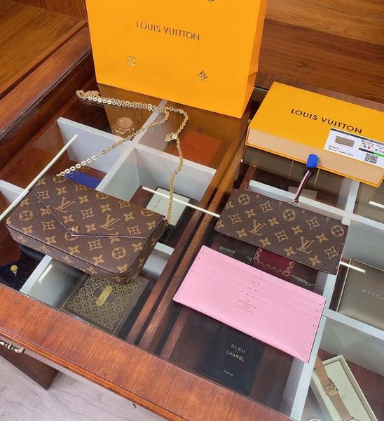 

women handbag shoulder bags totes 3pcs set pochette accessories brown flower messenger chain strap cross body ladies flap purse clutch with