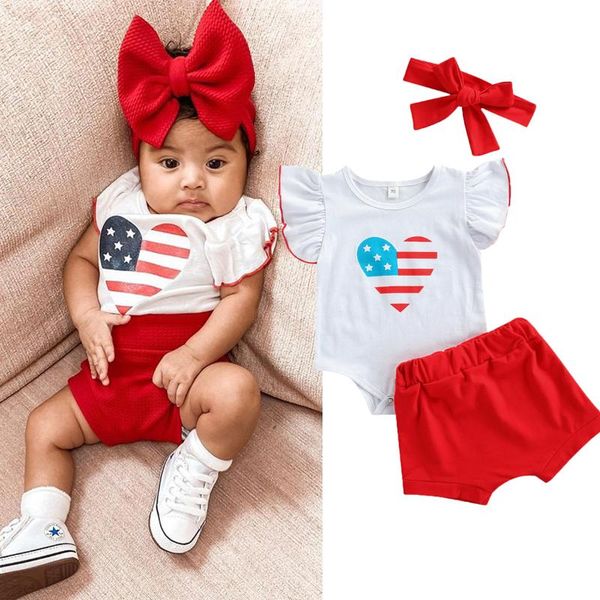 

independence days summer cute baby girls boys clothes sets ruffles short sleeve printed romper shorts headband clothing, White