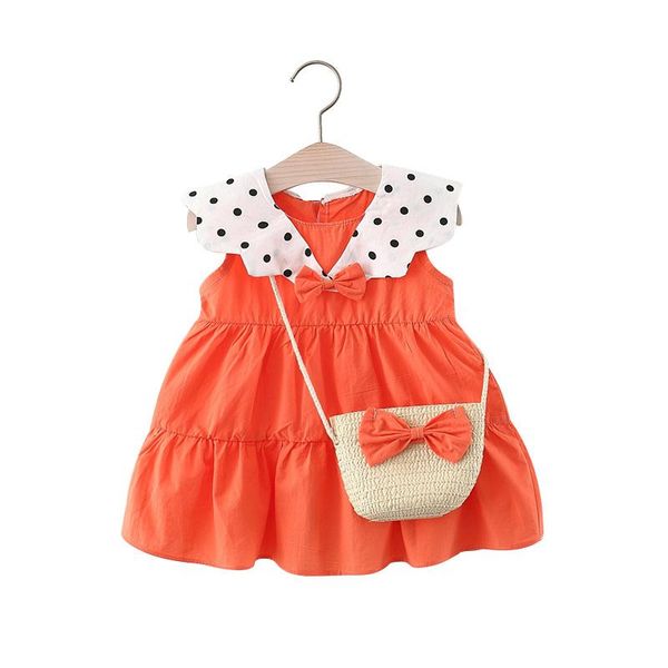 

girl's dresses summer for children orange bow cute point princess dress with bag born infant baby sundress toddler girls clothes, Red;yellow