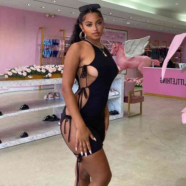 

solid vintage women mini dress hollow out bandage party o-neck skinny dresses summer female casual vacation wear, Black;gray