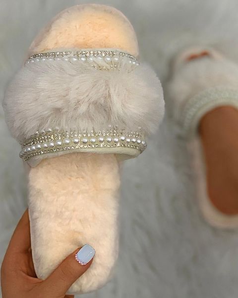 

winter women house slippers warm faux fur fashion shoes woman slip on flats designer ladies furry female slides indoor, Black