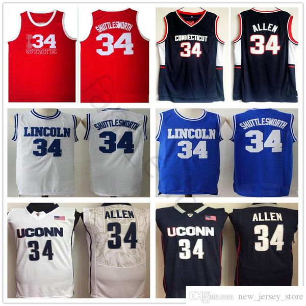 

ncaa connecticut huskies college ray #34 allen jersey jesus shuttlesworth lincoln high school basketball jersey 1998 film he got game jersey, Black