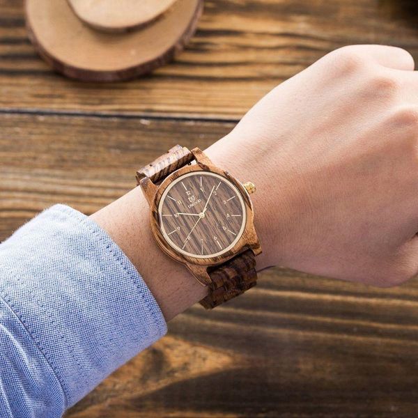 

wristwatches uwood zebra sandal wooden japanese quartz analog watch for men with calendar wristwatch, Slivery;brown