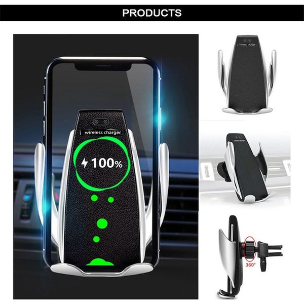S5 Universal Automatic Clamping Wireless Car Charger Holder Ricevitore Supporto Smart Sensor 10W Caricabatterie a ricarica rapida per iPhone Samsung Phones DHL