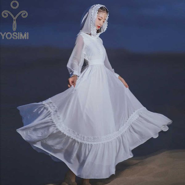 

yosimi white chiffon long women dress summer elegant wrist sleeve lace hooded fit and flare ankle-length maxi dresses 210604, Black;gray
