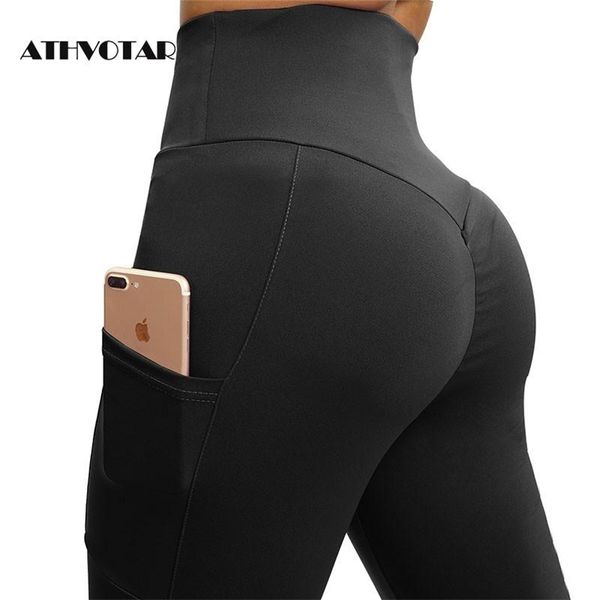 

fitness leggings push up women workout leggings high waist pocket leggings mujer elastic wrinkle pants 210820, Black