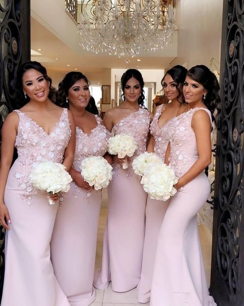 

2021 african mermaid bridesmaid dresses blush pink maid of the honor wedding guest dress 3d flowers v neck one shoulder bridesmaids gowns, White;pink
