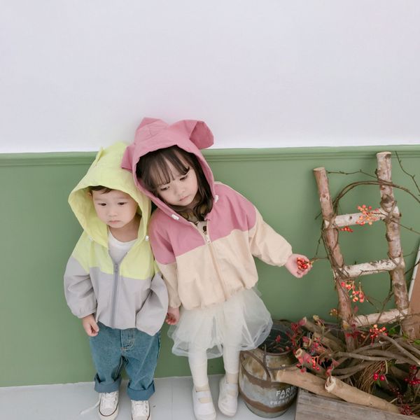 Autunno carino ragazzi ragazze moda patchwork con cappuccio giacche con cerniera per bambini orecchie di coniglio orso cappotto di polvere 210508