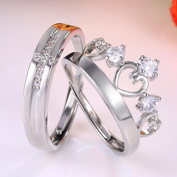 

wedding rings fashion silver color couple for lovers adjustable simple crystal zircon set men and women gift, Slivery;golden