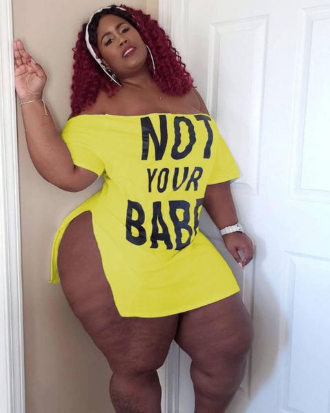 

plus size dresses one neck letter print split dress, Black