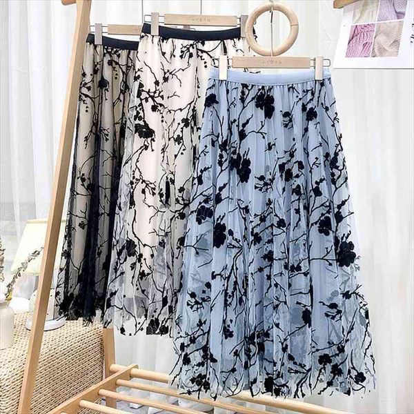 

woman skirts vintage floral flocking tulle skirt summer skirts womens elastic high waist a line mesh midi skirt, Black