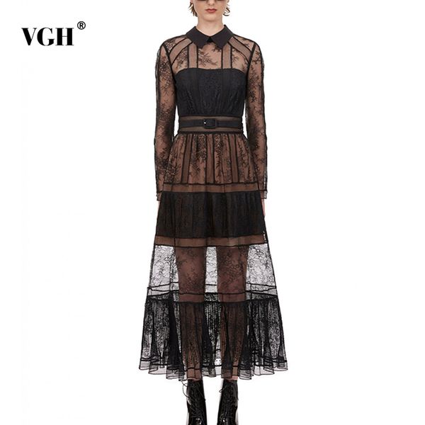 

vgh see through black dress for women lapel long sleeve high waist lace midi dresses female fashion clothing autumn tide 210421, Black;gray