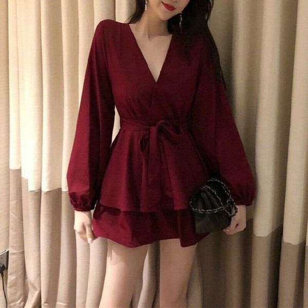 

womens solid v-neck puff long sleeve dress ladies ruffle bandage mini casual dresses, Black;gray