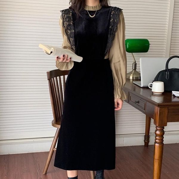 

casual dresses korean chic fall elegant puff sleeve dress stand collar contrast color fake two piece patchwork robe lace hook flower vestido, Black;gray