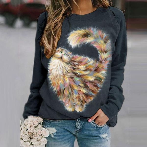 

women's hoodies & sweatshirts aesthetic rainbow cat print sweatshirt autumn spring crewneck long sleeve casual loose female blouse sud, Black