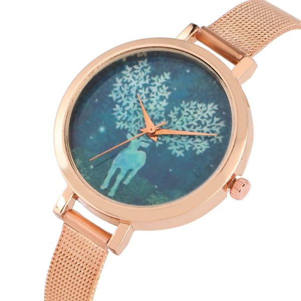 

women quartz watches gold band adorable blue elk dial female bangle wristwatch safety pin buckle lady timepieces clock gifts wristwatches, Slivery;brown