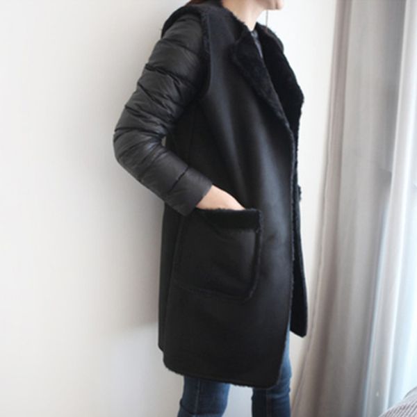 

leather winter women korean fake suede leather lapel vests long faux lamb wool shearling waistcoats loose plus size vest a316, Black