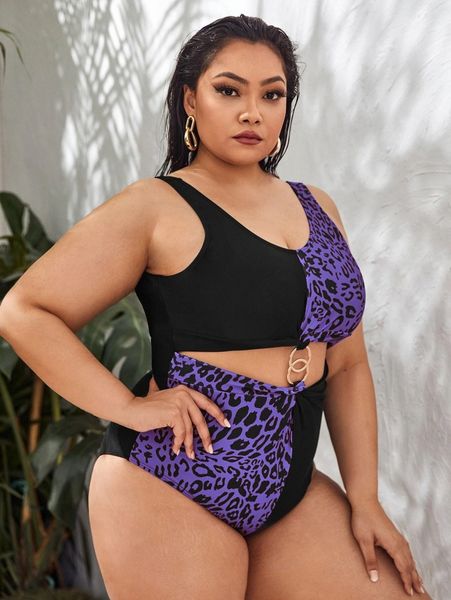 

plus leopard print ring linked one piece swimsuit 64f0#, Black