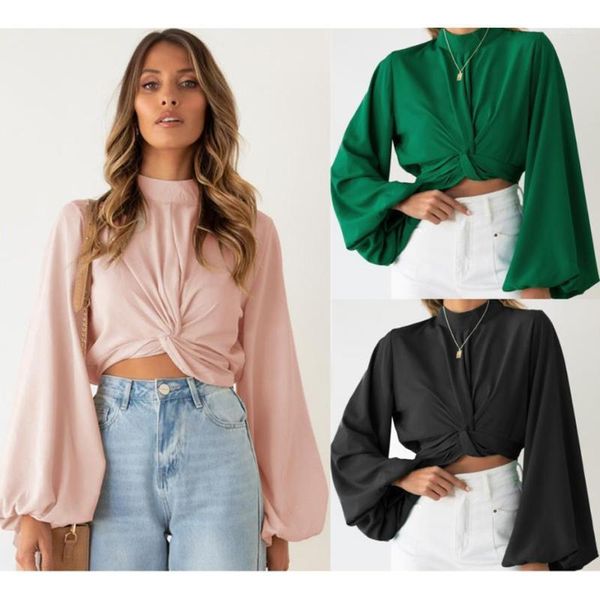 

women's blouses & shirts 2021 spring and autumn bare belly solid color lantern sleeve knotted female stand collar long-sleeved femm, White