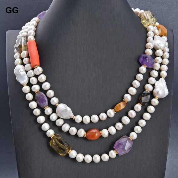 

chains jk 19" 3 strands cultured white pearl keshi multi gems stone necklace, Silver