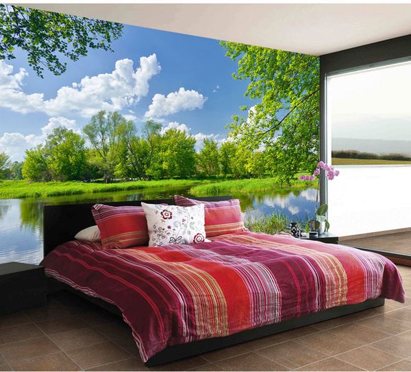 

mural 3d three dimensional lake scenery wall cloth sofa tv background wall garden wallpaper blue sky white cloud green