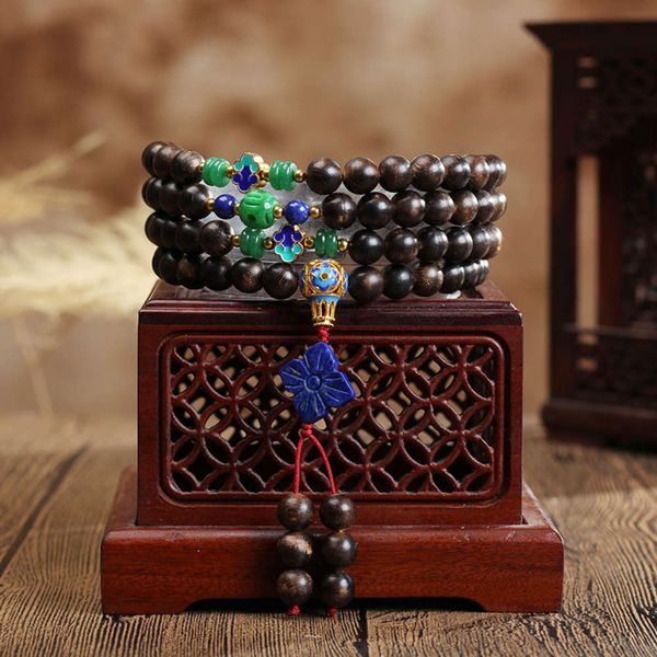 

origin: natural kalimantan eaglewood 108 beads bracelet with lapis lazuli four leaf grass bracelet, Black