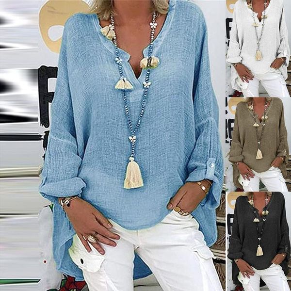 

women's blouses & shirts 2021 tunic plus size women casual long sleeve solid color loose v-neck shirt blouse blusas mujer de moda, White