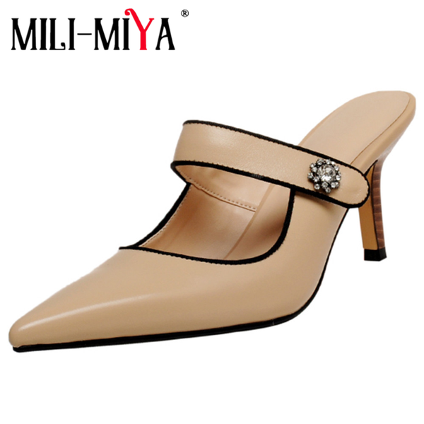 

mili-miya women mules pointy toe slingback high heel cut out slides summer pumps fashion crystal cow leather dress shoes, Black