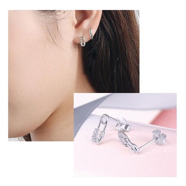 

personality charm pave white zircon mini real 925 sterling silver pin stud earrings for women girl birthday jewelry, Golden;silver