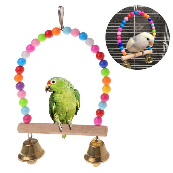 

natural wooden birds perch parrots hanging swing cage with colorful beads bells bird cages
