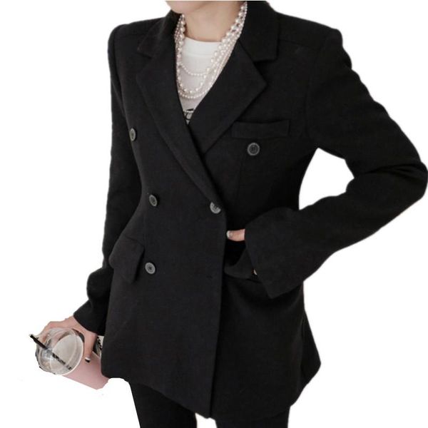 

women's two piece pants casual fashion office ladies elegant blazers suit coat all-match slim double breasted blazer jacket loose trous, White