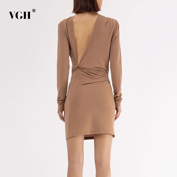 

vgh backless slim dress for women o neck long sleeve high waist mini ruched dresses female fall fashion new tide clothes 210421, Black;gray
