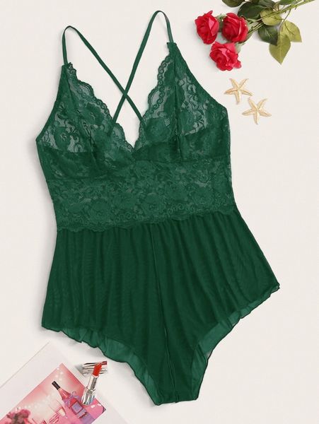 

plus contrast lace mesh romper bodysuit x40l#, Black;white