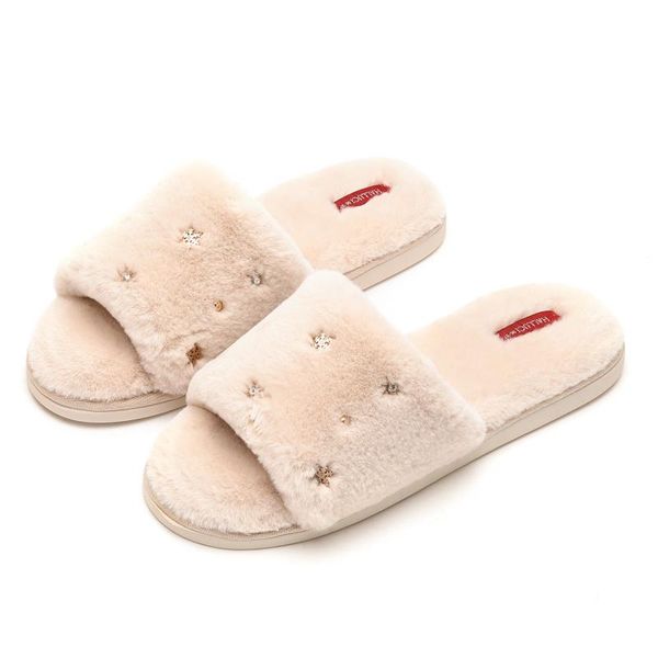 

metal decoration plush fish mouth christmas slippers indoor thick warmth flat home shoes ladies winter fashion simple, Black