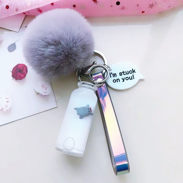 

2021 fashion keychain acrylic oil pig hair ball key chain liquid drifting milk bottle pendant grab machine doll small gift, Slivery;golden
