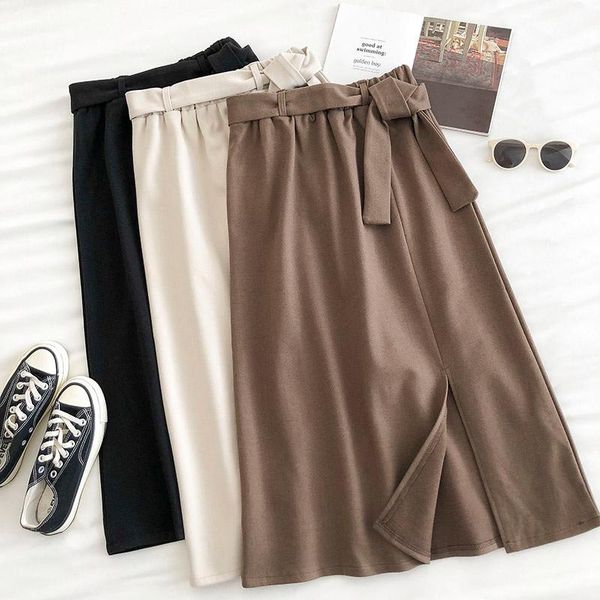 

korean style midi skirt autumn winter clothes 2021 women elegant elastic bandage skirts slim fit split a-line jupe female, Black