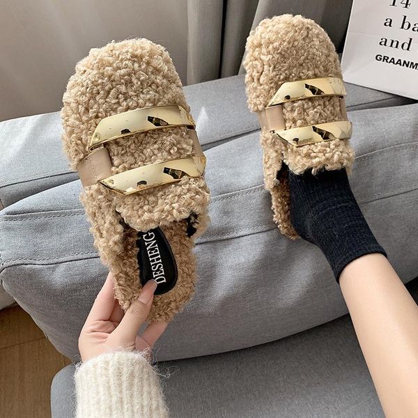

slippers 2021 winter women home cotton plush metal decoration slides cute bedroom indoor shoes non-slip furry lambswool, Black